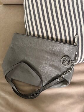 Michael Kors Gray Pebbled Leather Chain-Accent Shoulder Bag